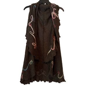 Handmade Brown Knit‎ Sleeveless Vest with Colorful Embroidered Detail Boho Chic
